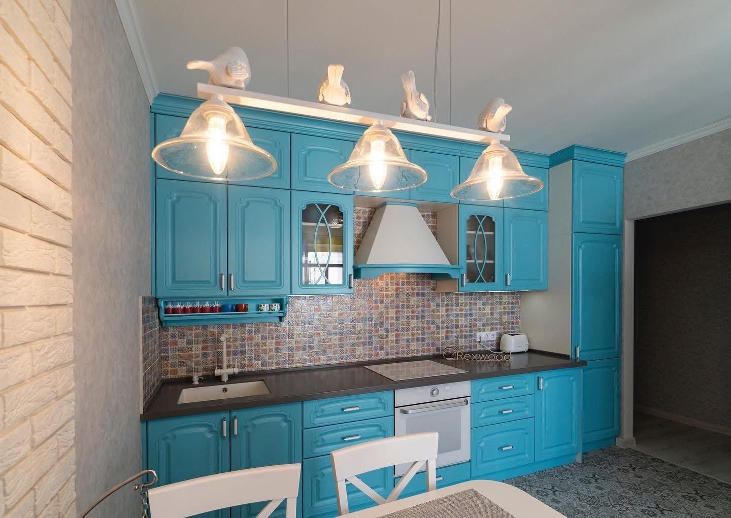 Turquoise Classic Kitchen with Glazed Display Cabinets — 2