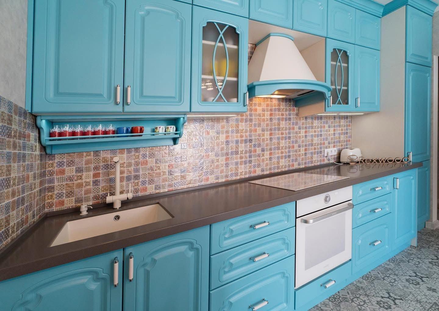 Turquoise Classic Kitchen with Glazed Display Cabinets — 4