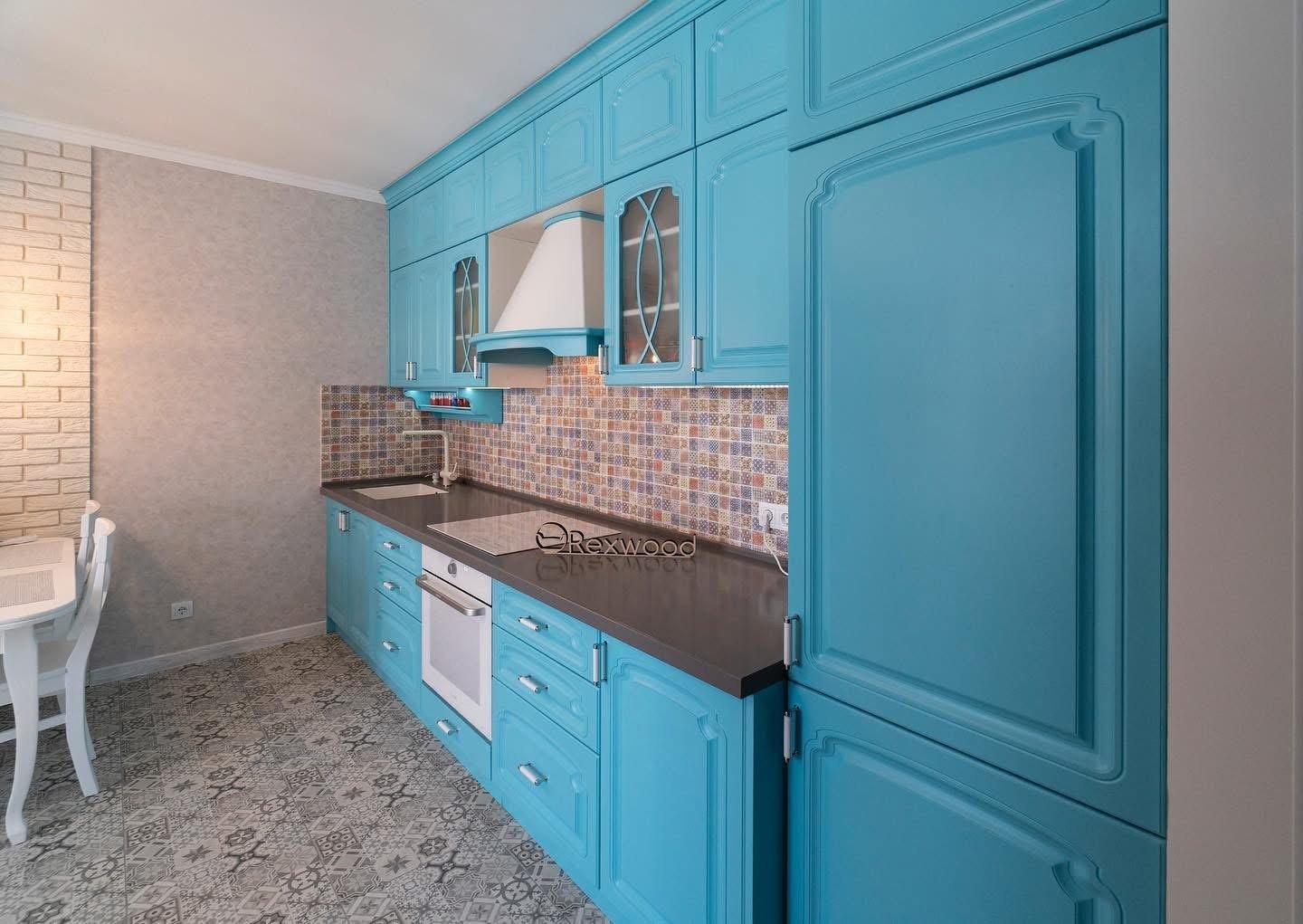 Turquoise Classic Kitchen with Glazed Display Cabinets — 5