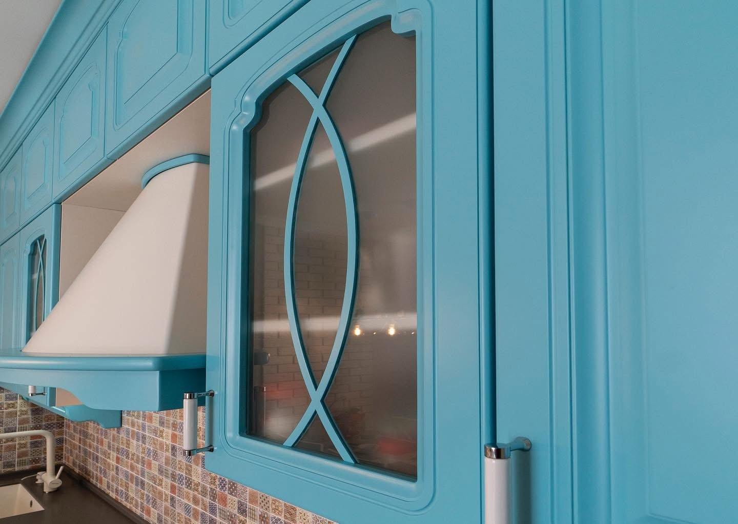 Turquoise Classic Kitchen with Glazed Display Cabinets — 6