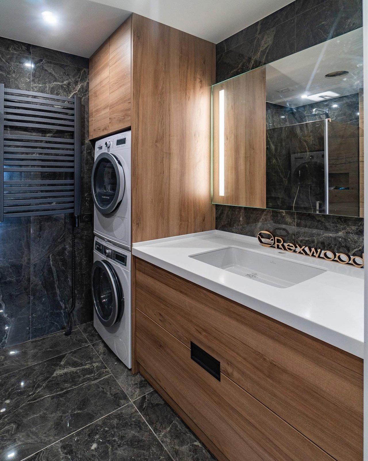 Walnut & Dark Marble Bathroom with Laundry Column