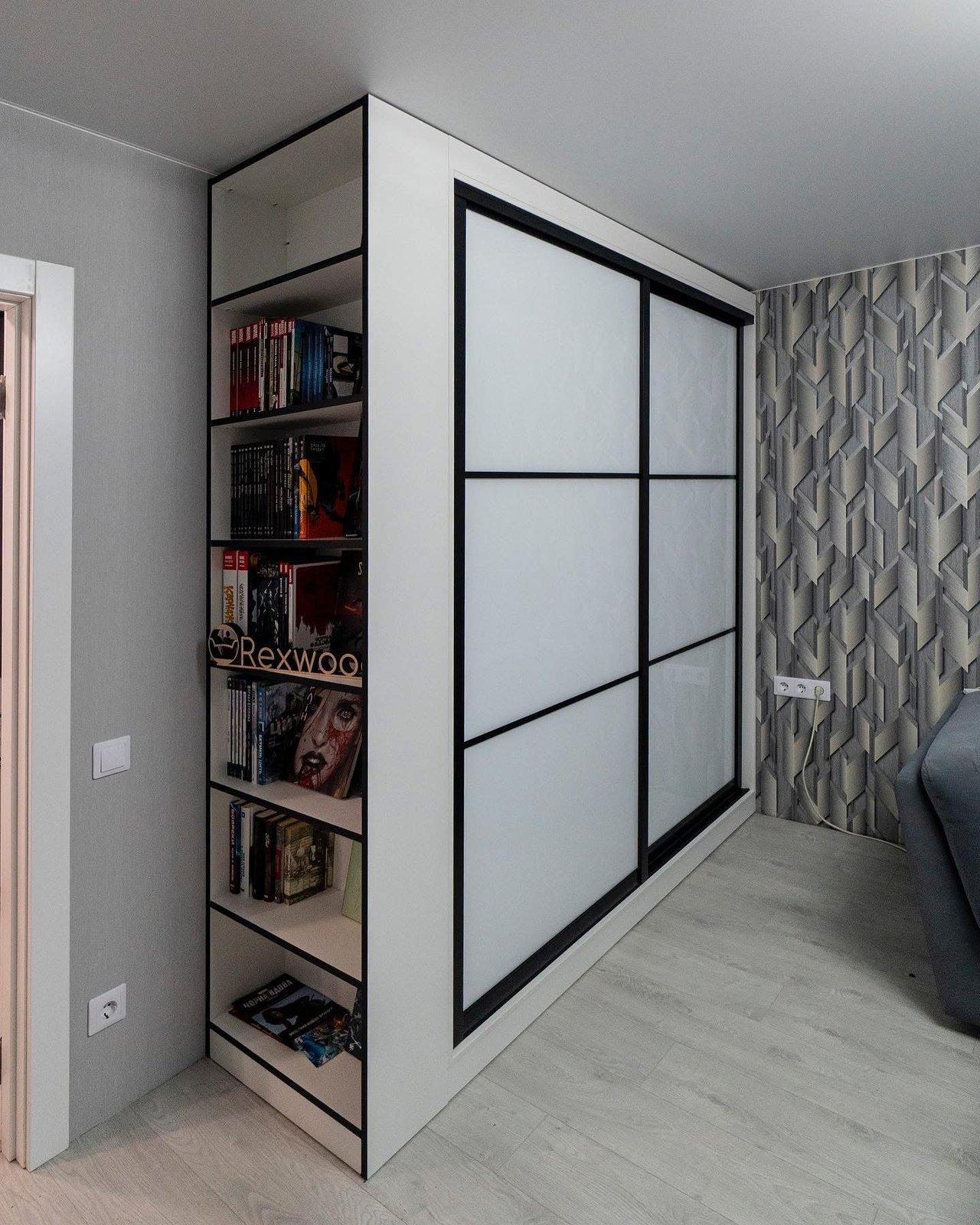 White Glass Sliding Wardrobe with Open End Bookcase