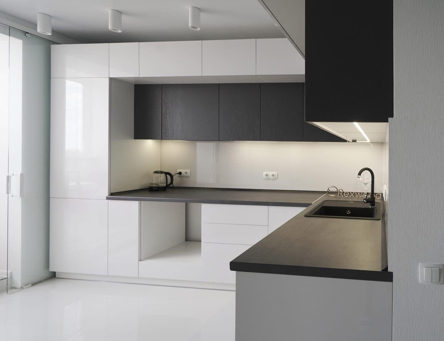 White Gloss L-Shaped Kitchen with Black Oak Wall Cabinets — 2