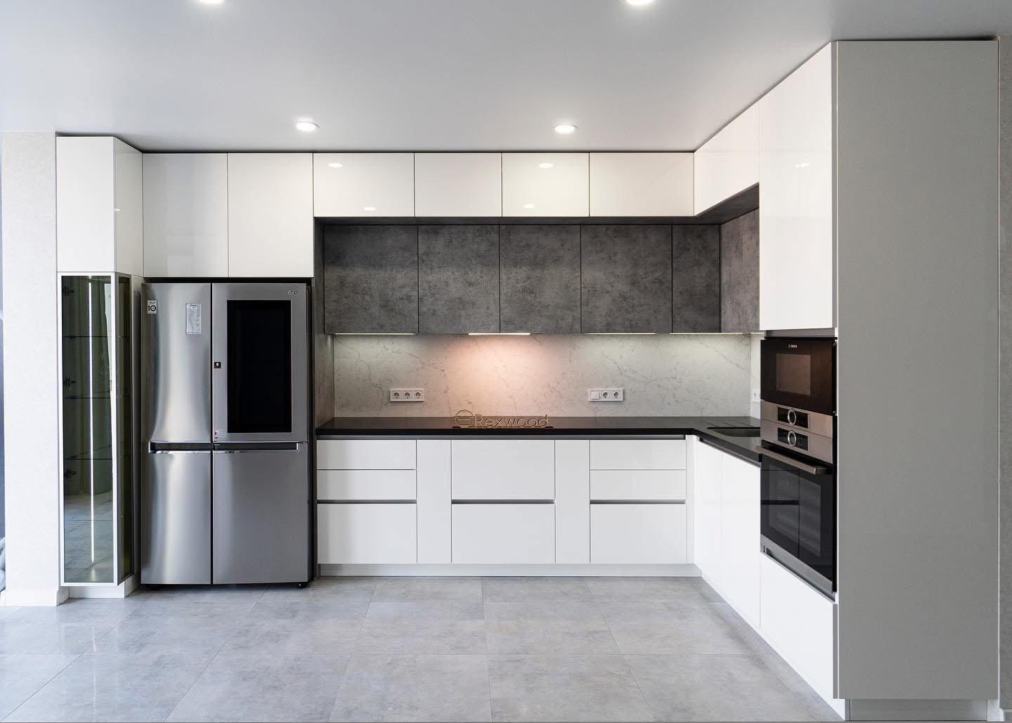 White Gloss & Concrete L-Shaped Kitchen