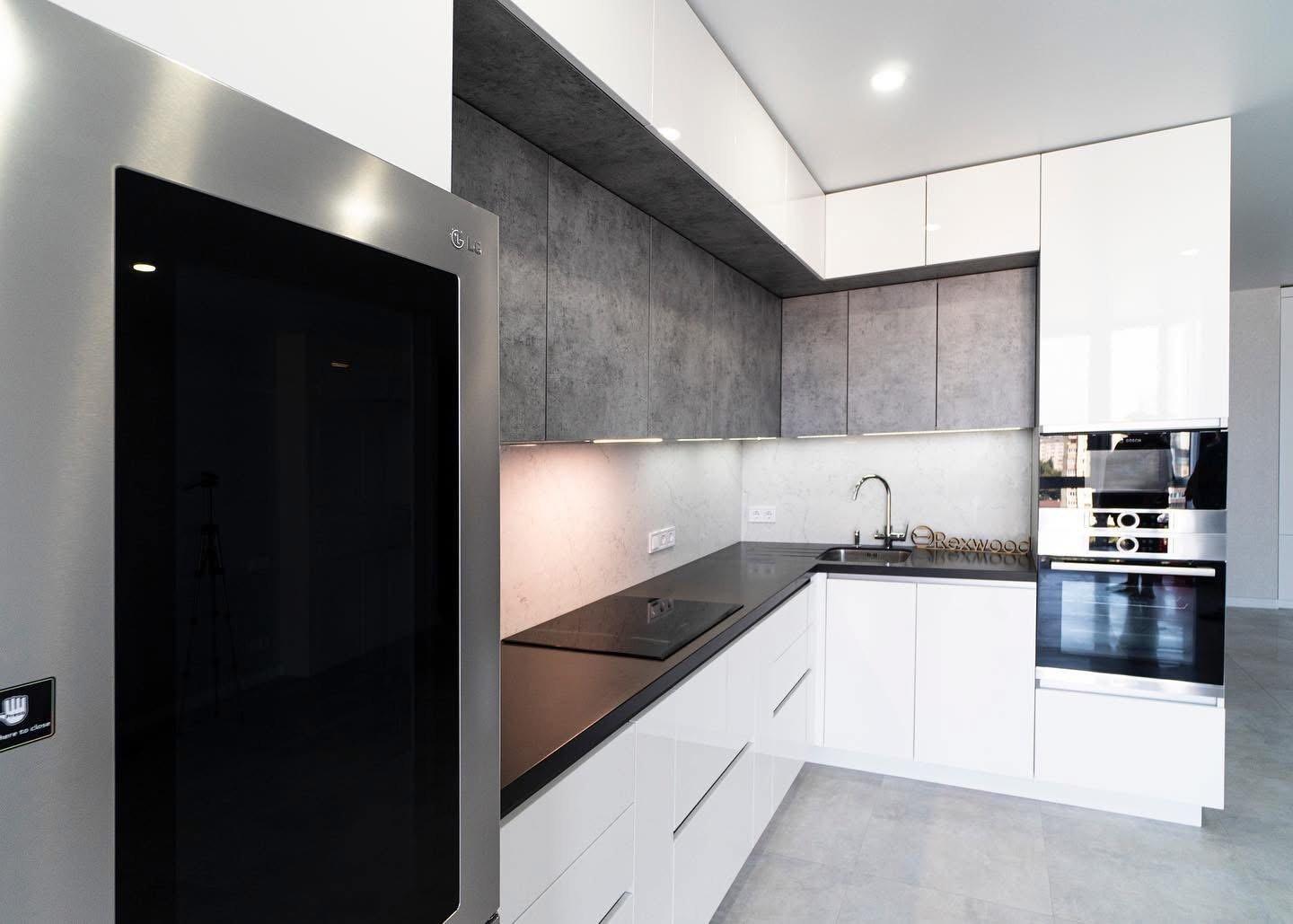 White Gloss & Concrete L-Shaped Kitchen — 7