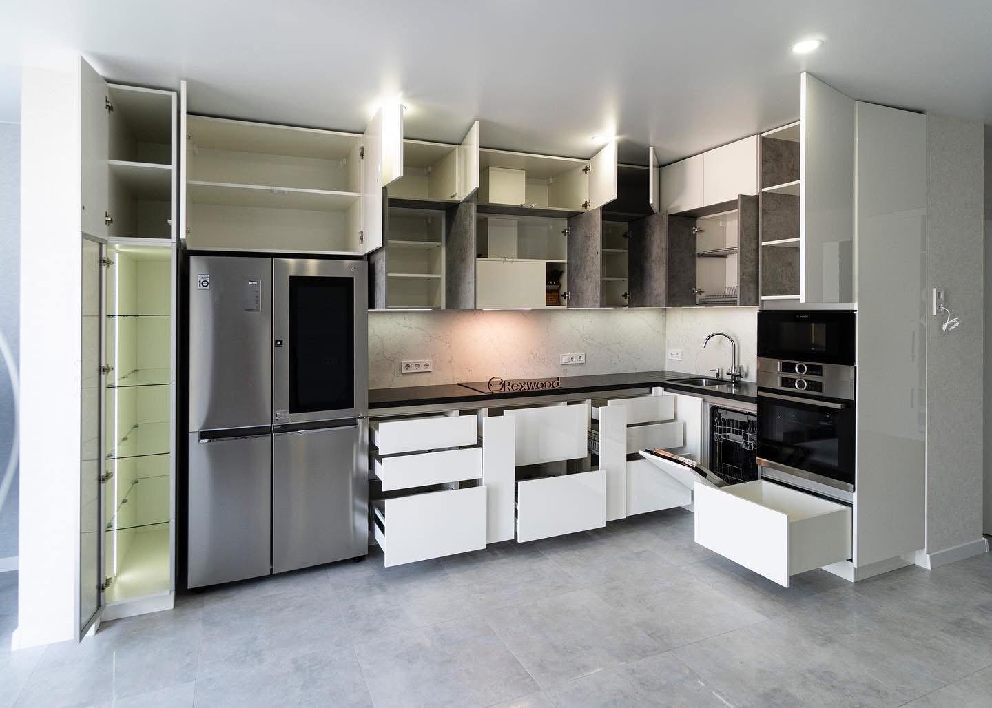 White Gloss & Concrete L-Shaped Kitchen — 8