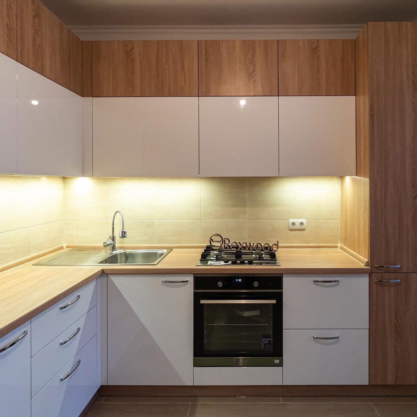 White Gloss & Oak L-Shaped Kitchen with Tall Larder — 2