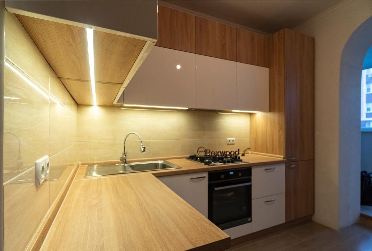 White Gloss & Oak L-Shaped Kitchen with Tall Larder — 3