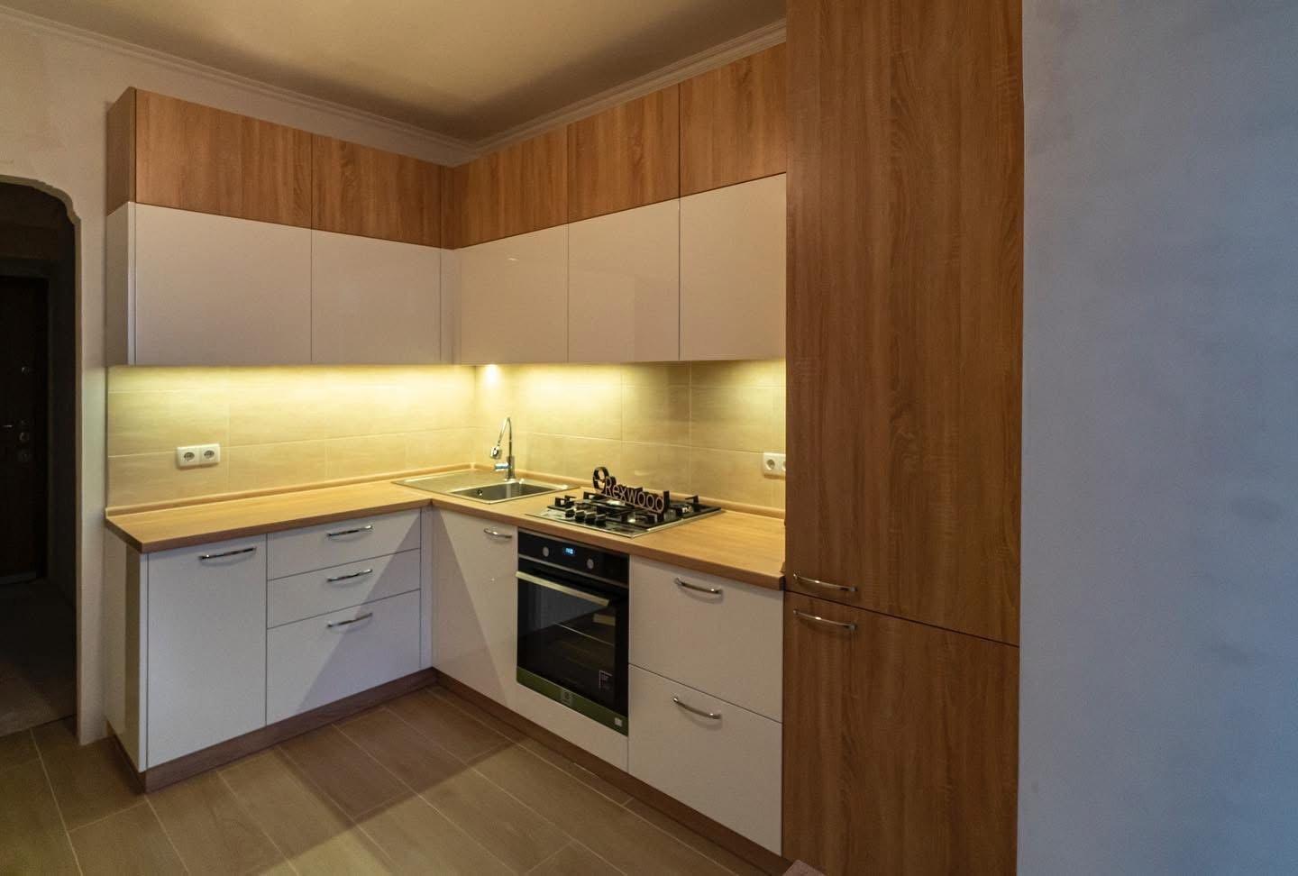 White Gloss & Oak L-Shaped Kitchen with Tall Larder — 4