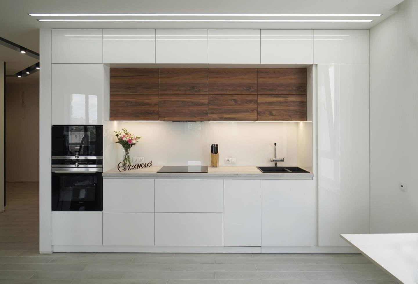 White Gloss Single-Wall Kitchen with Walnut Wall Units