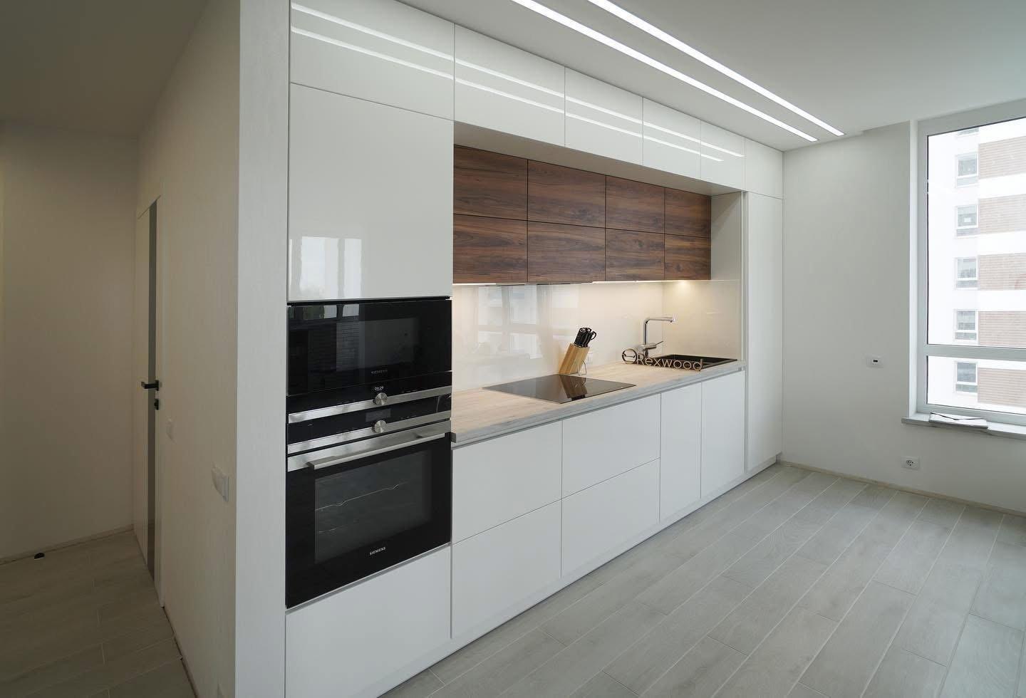 White Gloss Single-Wall Kitchen with Walnut Wall Units — 2