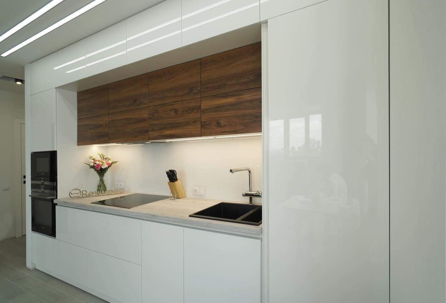 White Gloss Single-Wall Kitchen with Walnut Wall Units — 3