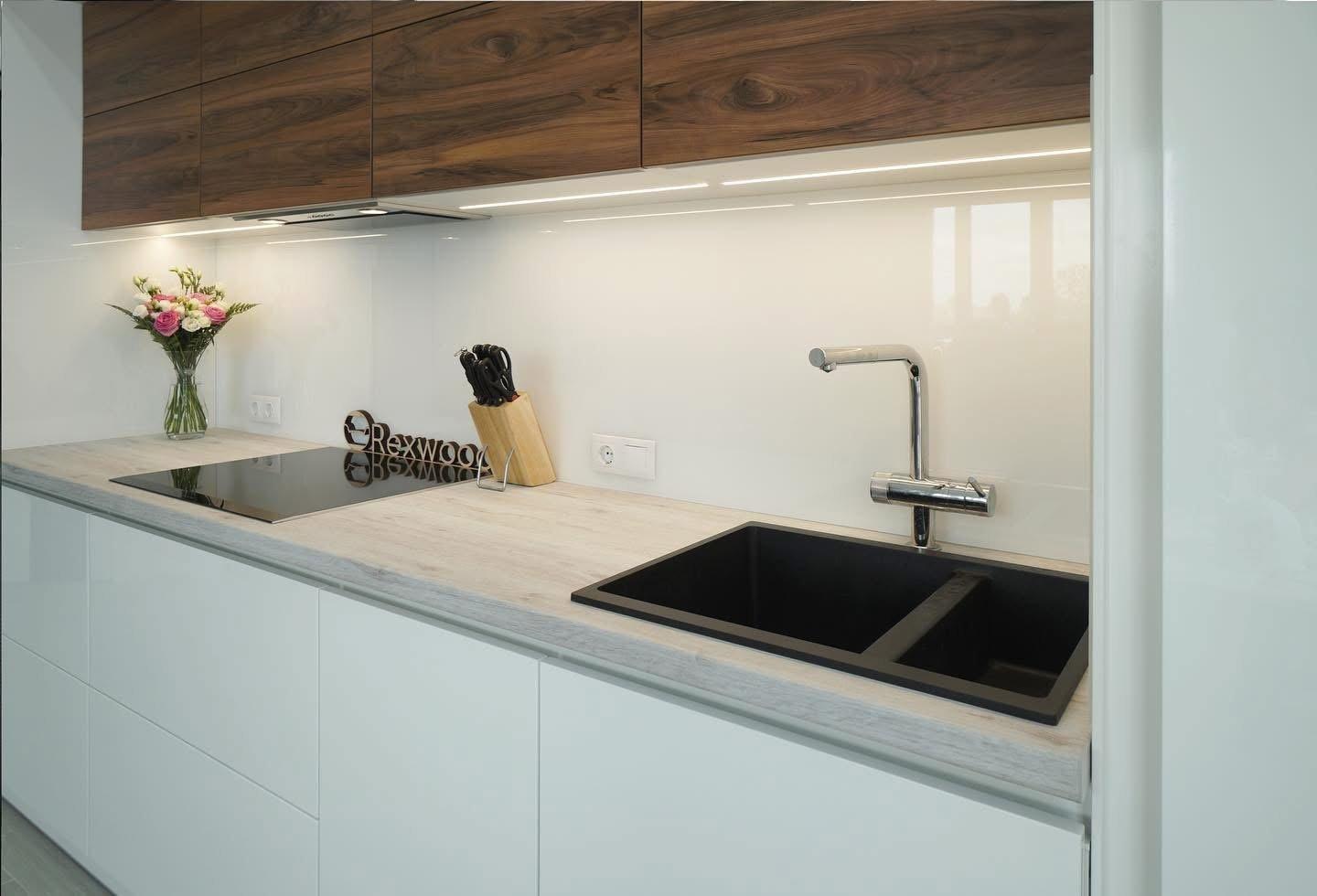 White Gloss Single-Wall Kitchen with Walnut Wall Units — 4