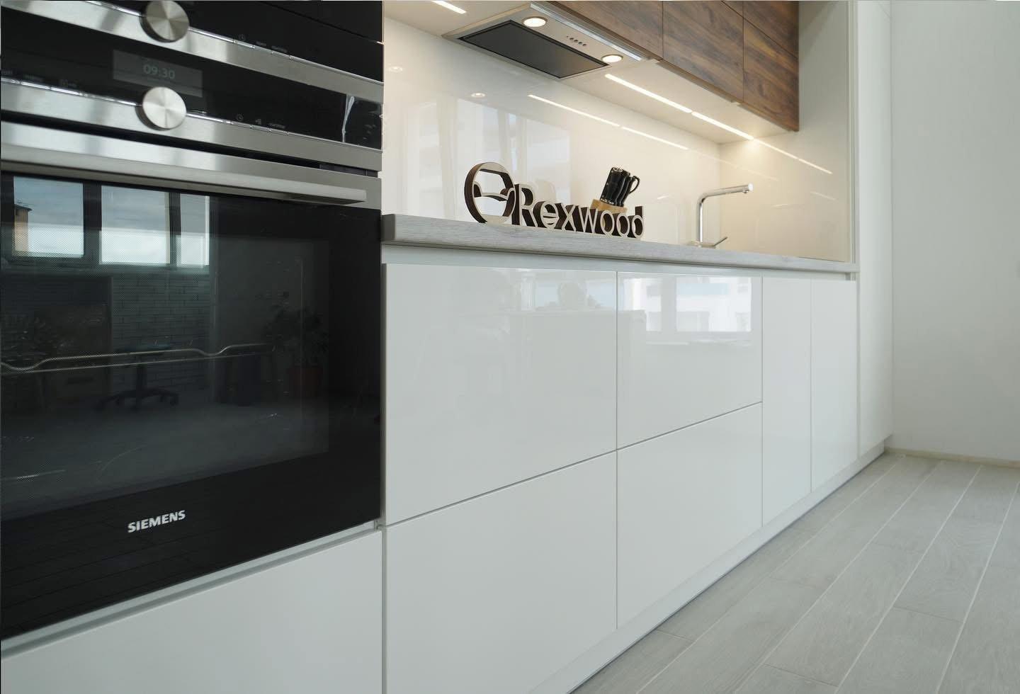White Gloss Single-Wall Kitchen with Walnut Wall Units — 7