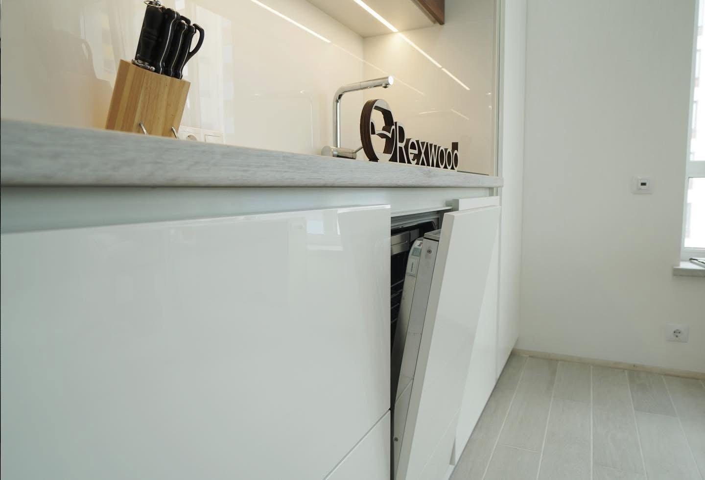 White Gloss Single-Wall Kitchen with Walnut Wall Units — 8